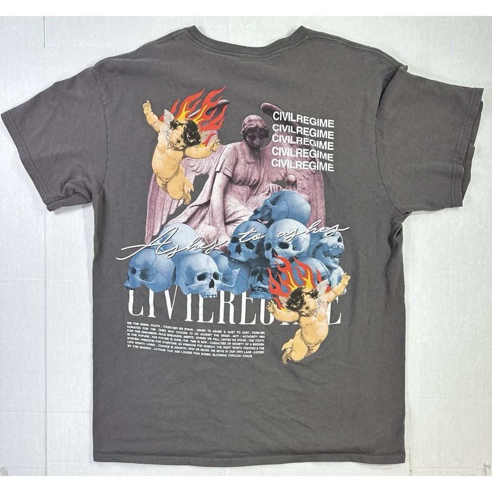 Civil Regime Graphic T Shirt Skull Angel Flames Gray Streetwear Tee Size L